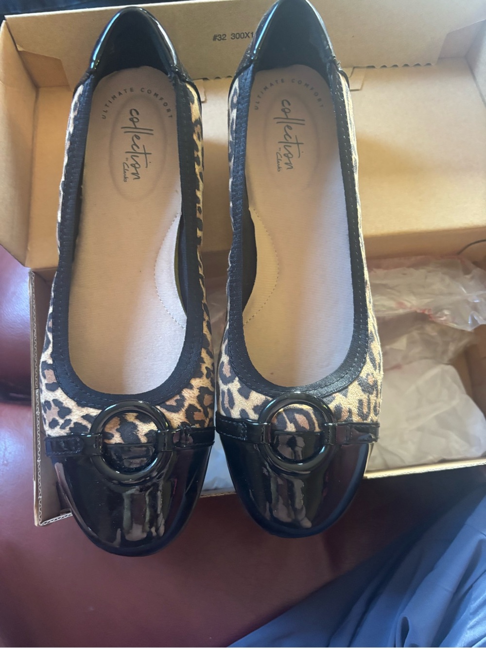 Clarks Leopard Print and Black Patent Ballet Flats
